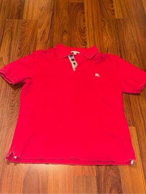 Authentic Burberry Men’s Pique Polo Red Embroidered Logo Plaid Check Large